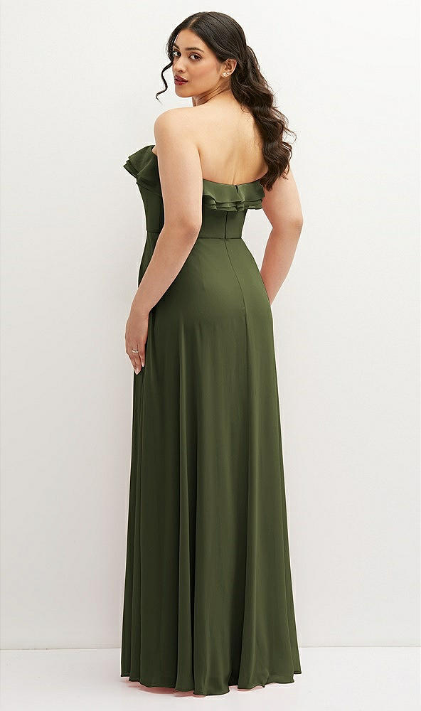 Back View - Olive Green Tiered Ruffle Neck Strapless Maxi Dress with Front Slit