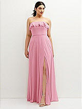 Front View Thumbnail - Peony Pink Tiered Ruffle Neck Strapless Maxi Dress with Front Slit