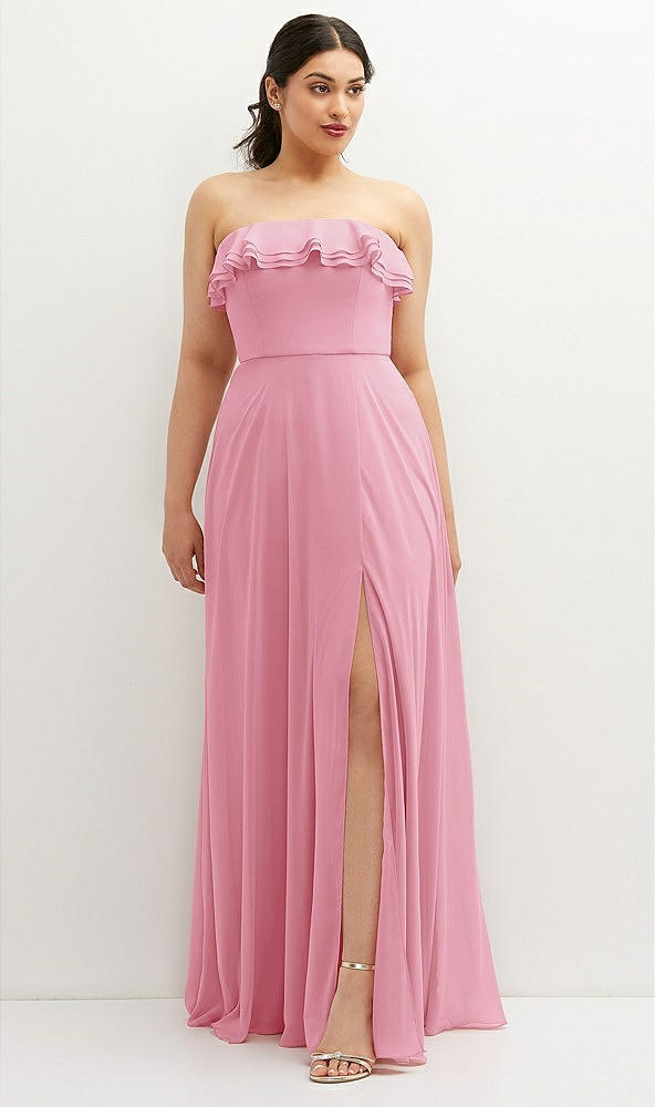 Front View - Peony Pink Tiered Ruffle Neck Strapless Maxi Dress with Front Slit