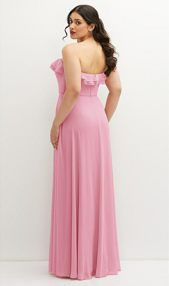 Back View - Peony Pink Tiered Ruffle Neck Strapless Maxi Dress with Front Slit