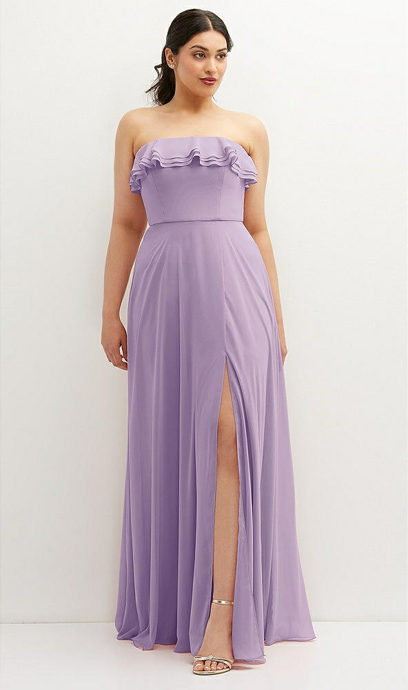 Front View - Pale Purple Tiered Ruffle Neck Strapless Maxi Dress with Front Slit