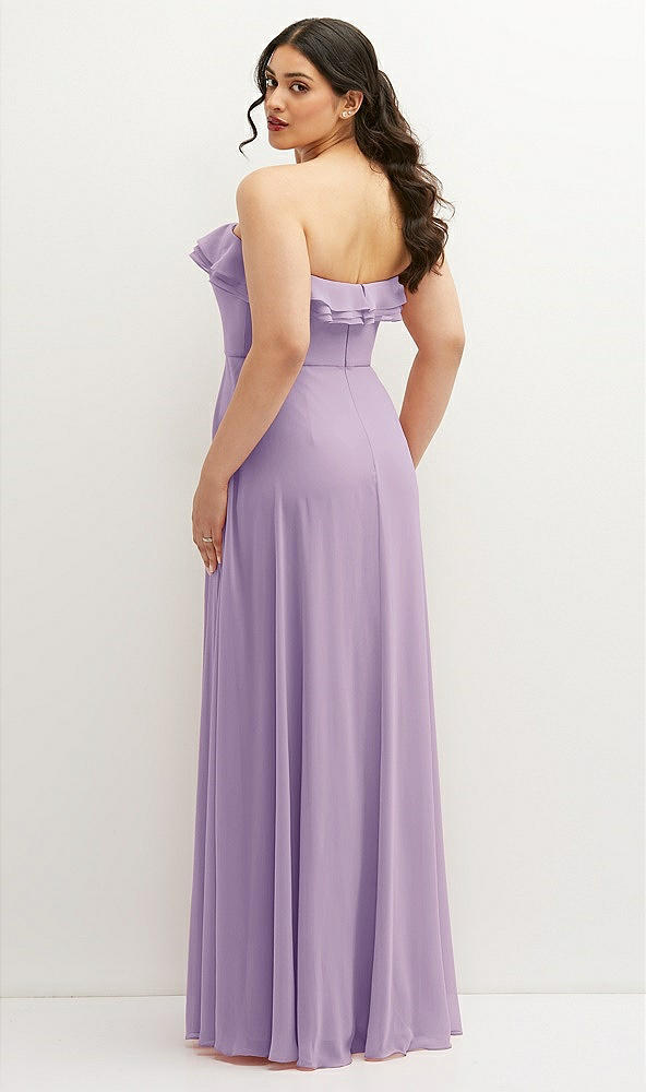 Back View - Pale Purple Tiered Ruffle Neck Strapless Maxi Dress with Front Slit