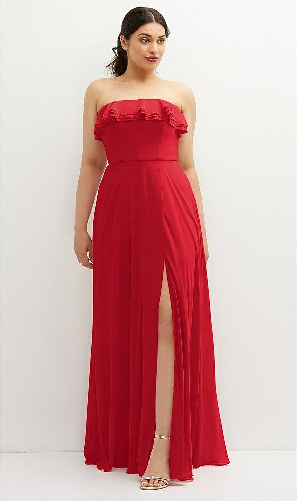 Front View - Parisian Red Tiered Ruffle Neck Strapless Maxi Dress with Front Slit