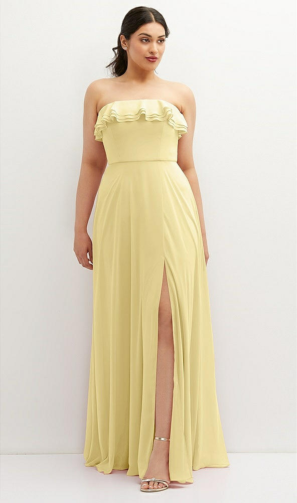 Front View - Pale Yellow Tiered Ruffle Neck Strapless Maxi Dress with Front Slit