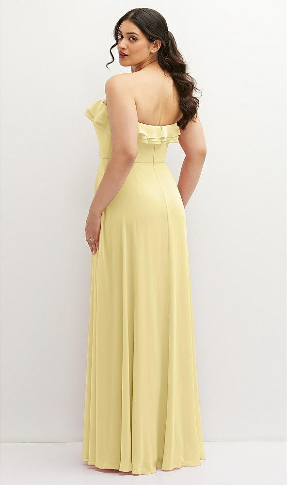 Back View - Pale Yellow Tiered Ruffle Neck Strapless Maxi Dress with Front Slit