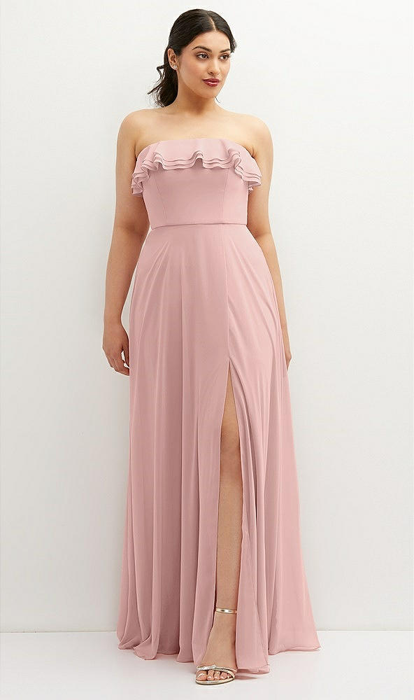 Front View - Rose - PANTONE Rose Quartz Tiered Ruffle Neck Strapless Maxi Dress with Front Slit