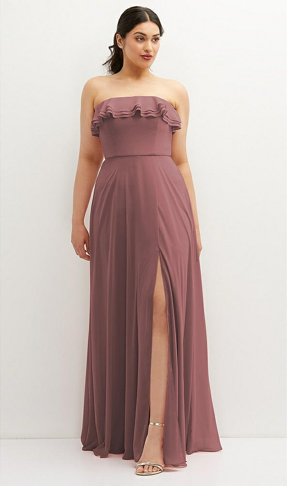 Front View - Rosewood Tiered Ruffle Neck Strapless Maxi Dress with Front Slit