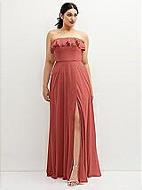 Front View Thumbnail - Coral Pink Tiered Ruffle Neck Strapless Maxi Dress with Front Slit