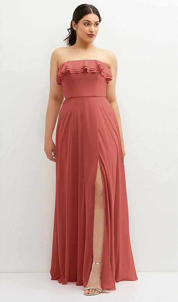 Front View - Coral Pink Tiered Ruffle Neck Strapless Maxi Dress with Front Slit