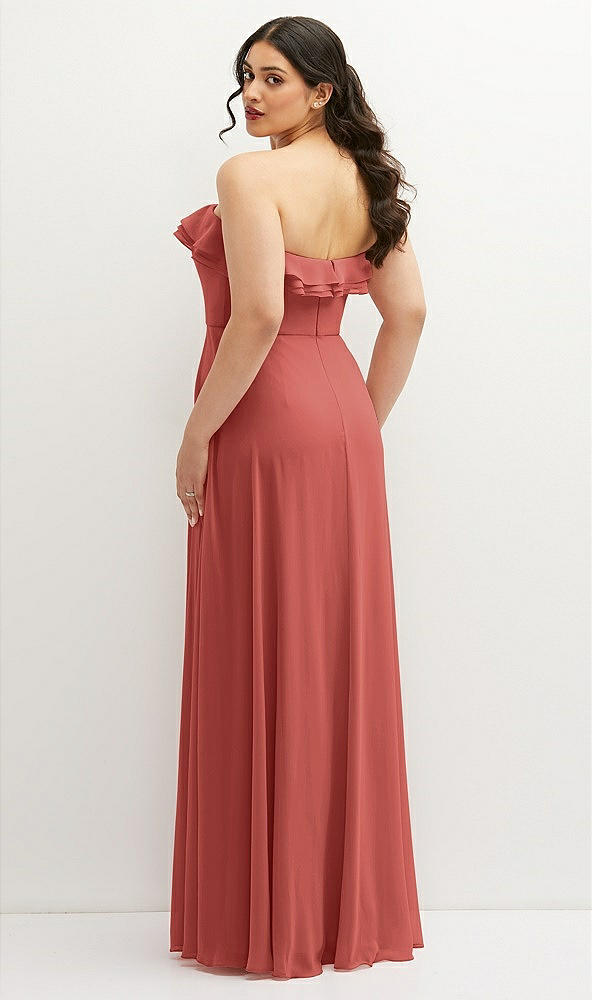 Back View - Coral Pink Tiered Ruffle Neck Strapless Maxi Dress with Front Slit