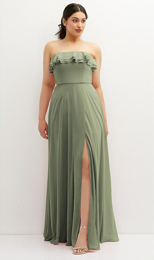 Front View - Sage Tiered Ruffle Neck Strapless Maxi Dress with Front Slit