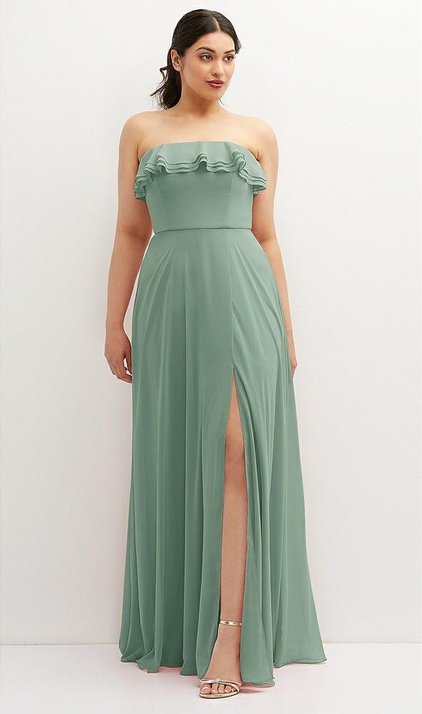 Front View - Seagrass Tiered Ruffle Neck Strapless Maxi Dress with Front Slit