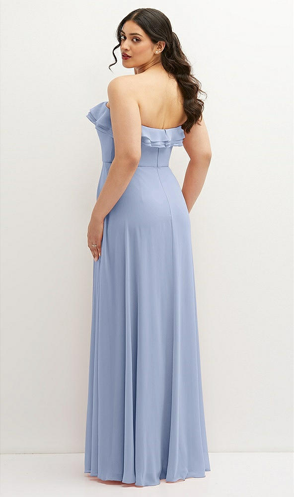 Back View - Sky Blue Tiered Ruffle Neck Strapless Maxi Dress with Front Slit