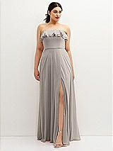 Front View Thumbnail - Taupe Tiered Ruffle Neck Strapless Maxi Dress with Front Slit