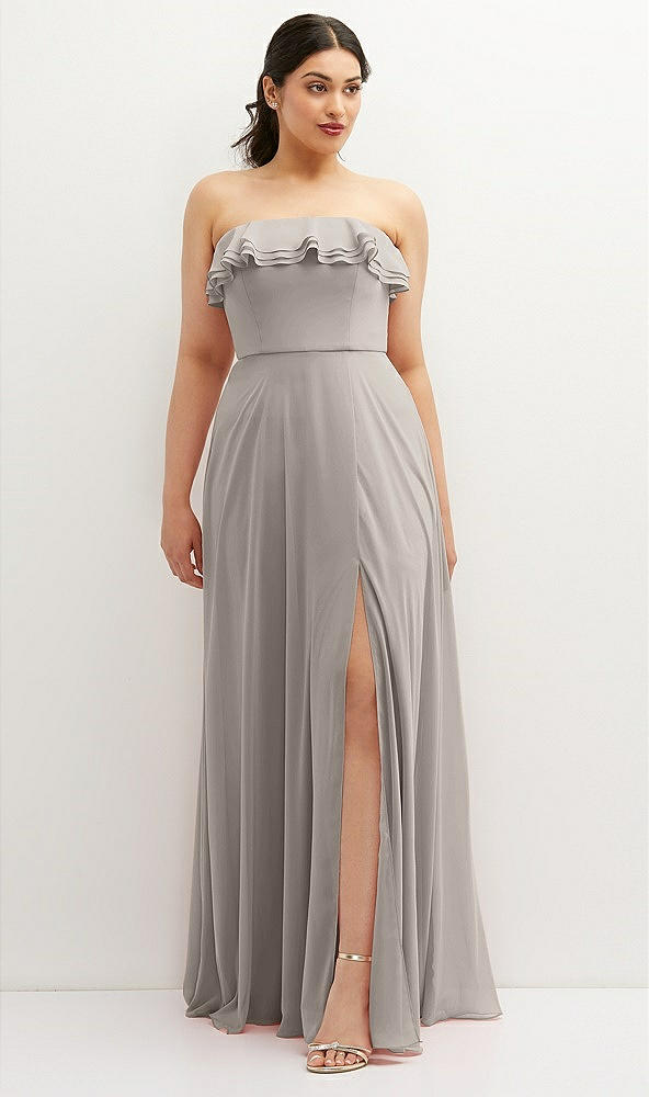 Front View - Taupe Tiered Ruffle Neck Strapless Maxi Dress with Front Slit