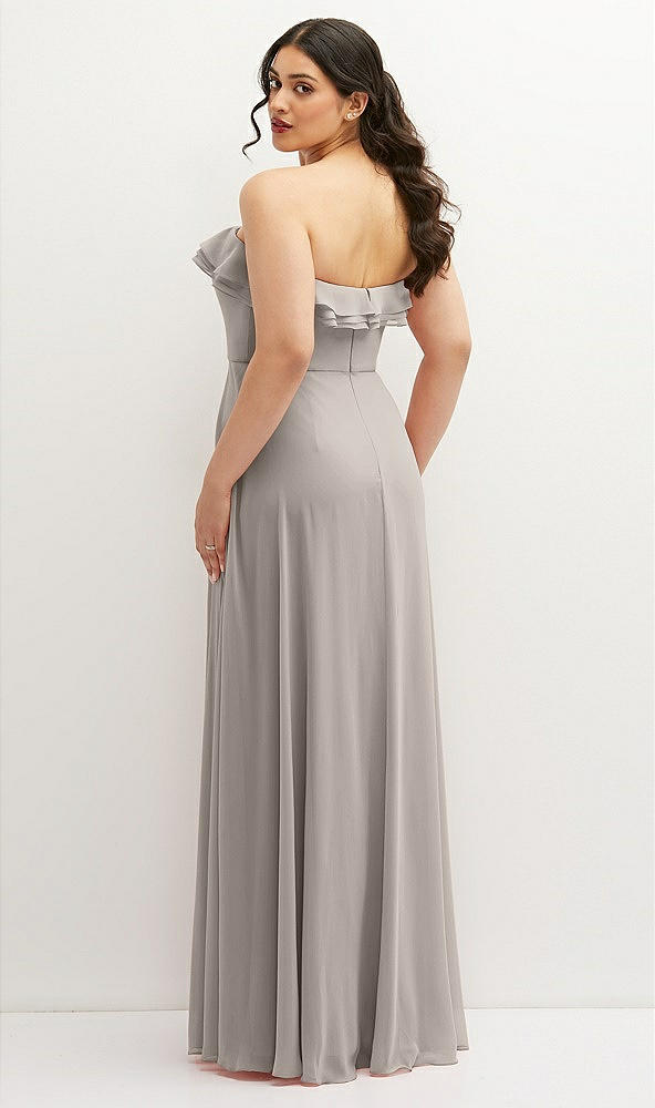 Back View - Taupe Tiered Ruffle Neck Strapless Maxi Dress with Front Slit