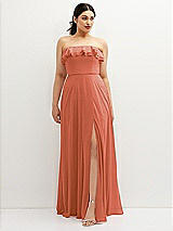Front View Thumbnail - Terracotta Copper Tiered Ruffle Neck Strapless Maxi Dress with Front Slit