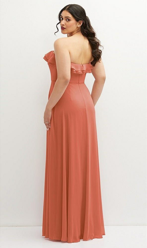 Back View - Terracotta Copper Tiered Ruffle Neck Strapless Maxi Dress with Front Slit