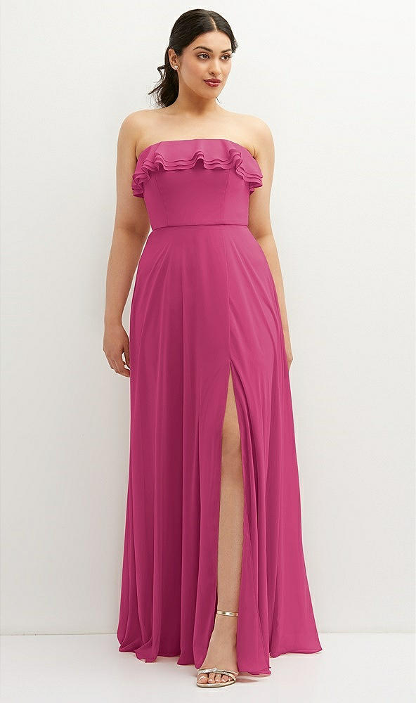 Front View - Tea Rose Tiered Ruffle Neck Strapless Maxi Dress with Front Slit