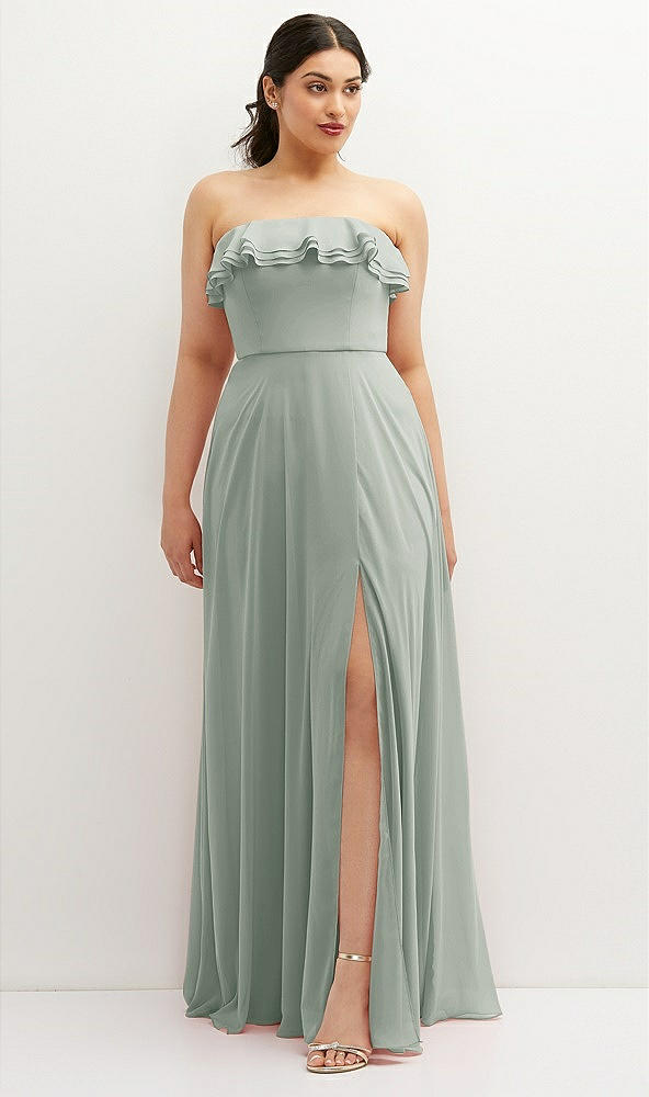 Front View - Willow Green Tiered Ruffle Neck Strapless Maxi Dress with Front Slit
