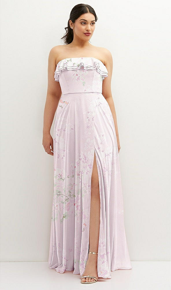 Front View - Watercolor Print Tiered Ruffle Neck Strapless Maxi Dress with Front Slit