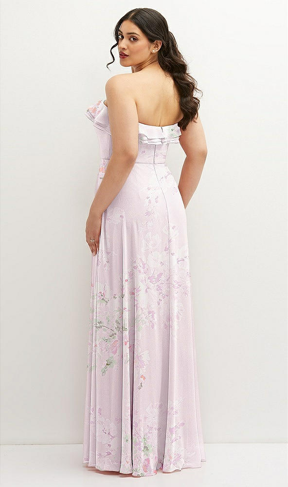 Back View - Watercolor Print Tiered Ruffle Neck Strapless Maxi Dress with Front Slit