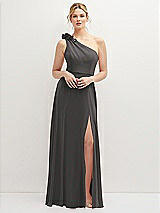 Front View Thumbnail - Caviar Gray Handworked Flower Trimmed One-Shoulder Chiffon Maxi Dress
