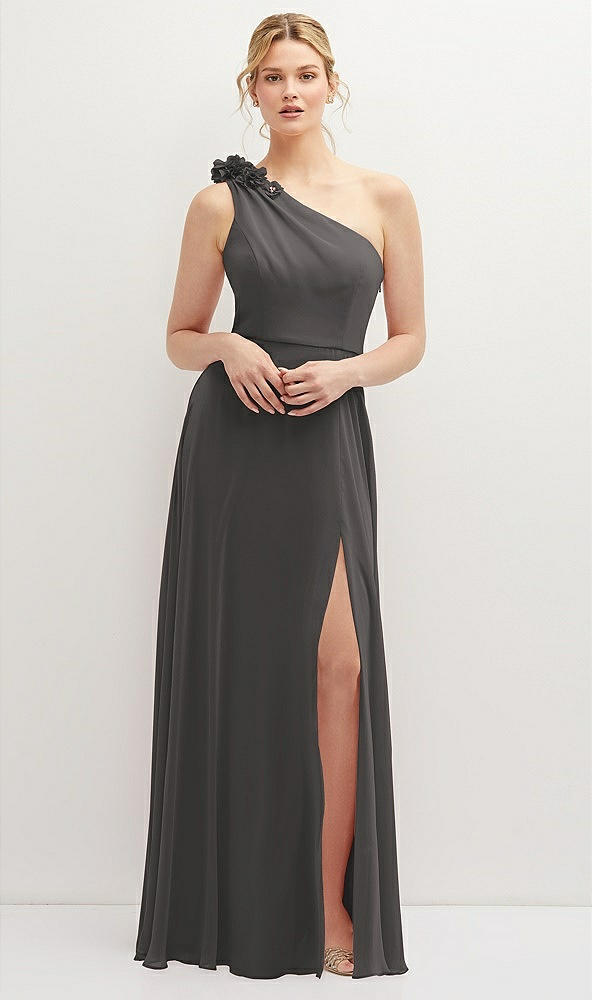 Front View - Caviar Gray Handworked Flower Trimmed One-Shoulder Chiffon Maxi Dress