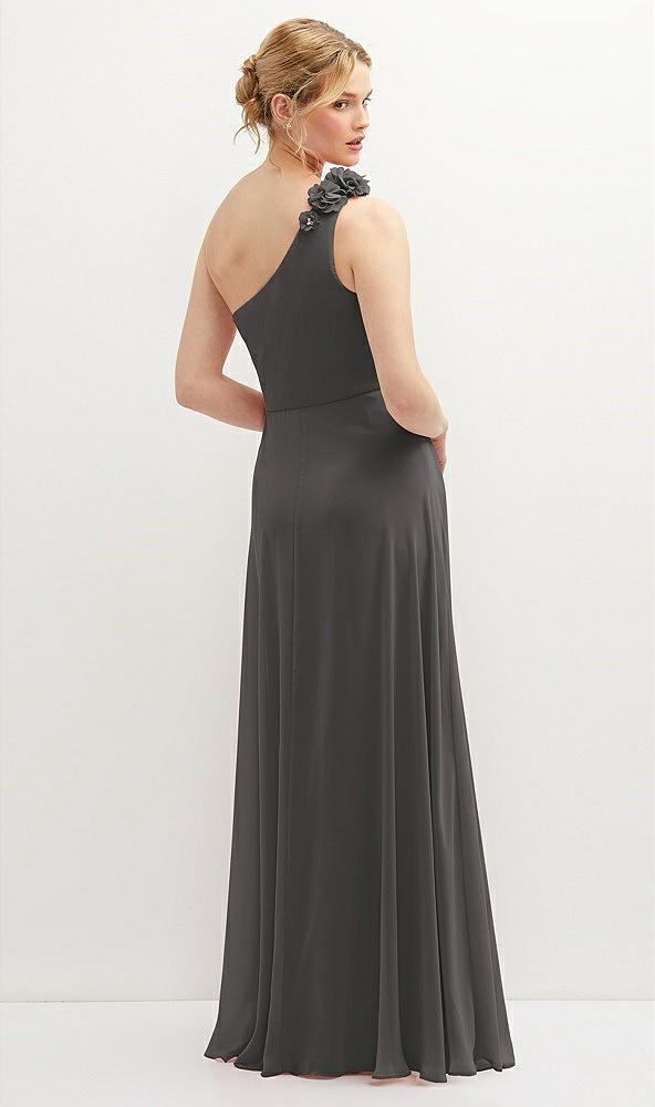 Back View - Caviar Gray Handworked Flower Trimmed One-Shoulder Chiffon Maxi Dress