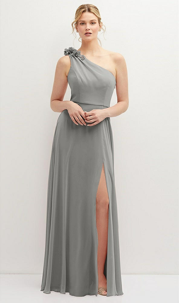 Front View - Chelsea Gray Handworked Flower Trimmed One-Shoulder Chiffon Maxi Dress