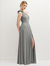 Side View Thumbnail - Chelsea Gray Handworked Flower Trimmed One-Shoulder Chiffon Maxi Dress