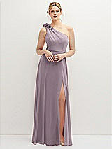 Front View Thumbnail - Lilac Dusk Handworked Flower Trimmed One-Shoulder Chiffon Maxi Dress