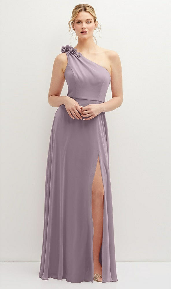 Front View - Lilac Dusk Handworked Flower Trimmed One-Shoulder Chiffon Maxi Dress