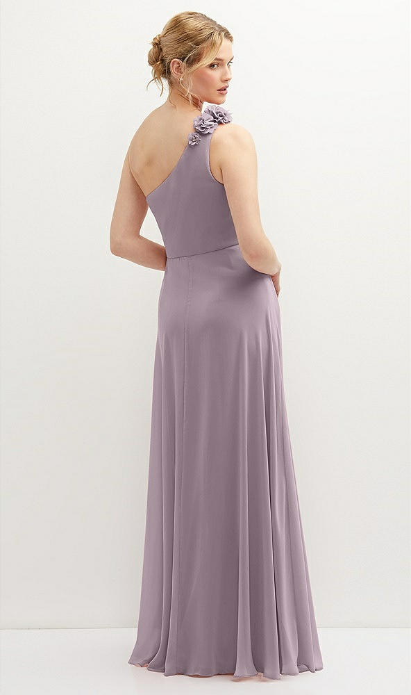 Back View - Lilac Dusk Handworked Flower Trimmed One-Shoulder Chiffon Maxi Dress