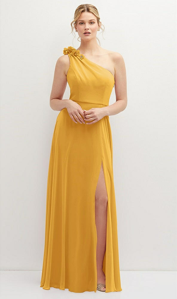 Front View - NYC Yellow Handworked Flower Trimmed One-Shoulder Chiffon Maxi Dress