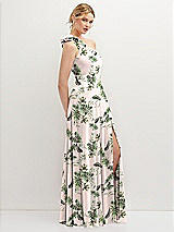 Side View Thumbnail - Palm Beach Print Handworked Flower Trimmed One-Shoulder Chiffon Maxi Dress