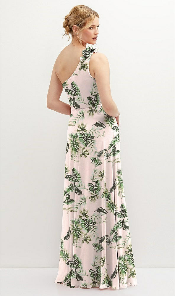 Back View - Palm Beach Print Handworked Flower Trimmed One-Shoulder Chiffon Maxi Dress