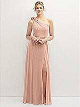 Front View Thumbnail - Pale Peach Handworked Flower Trimmed One-Shoulder Chiffon Maxi Dress
