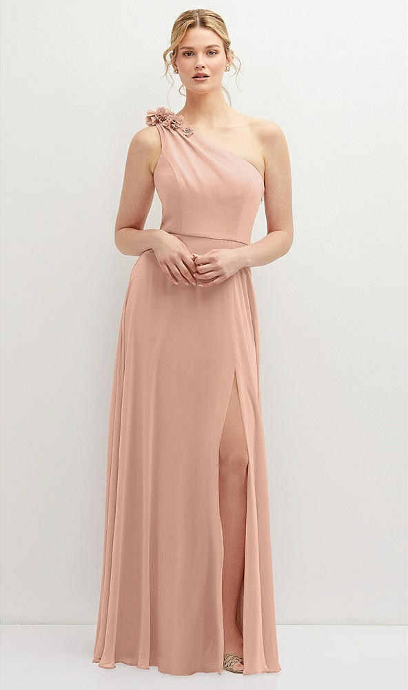 Front View - Pale Peach Handworked Flower Trimmed One-Shoulder Chiffon Maxi Dress