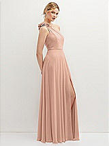 Side View Thumbnail - Pale Peach Handworked Flower Trimmed One-Shoulder Chiffon Maxi Dress