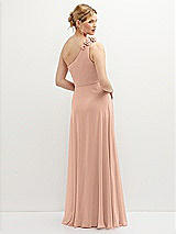 Rear View Thumbnail - Pale Peach Handworked Flower Trimmed One-Shoulder Chiffon Maxi Dress