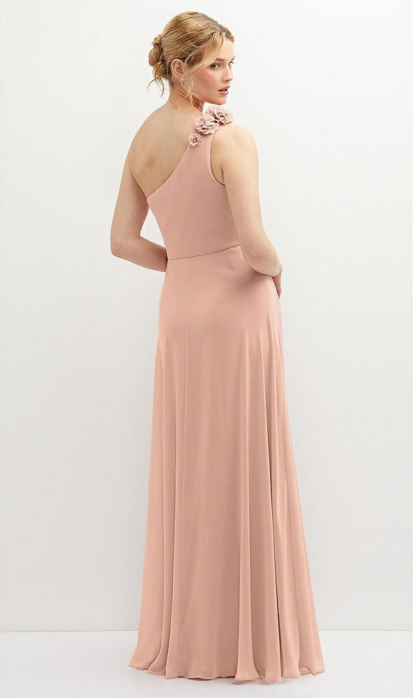 Back View - Pale Peach Handworked Flower Trimmed One-Shoulder Chiffon Maxi Dress