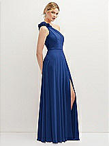 Side View Thumbnail - Classic Blue Handworked Flower Trimmed One-Shoulder Chiffon Maxi Dress