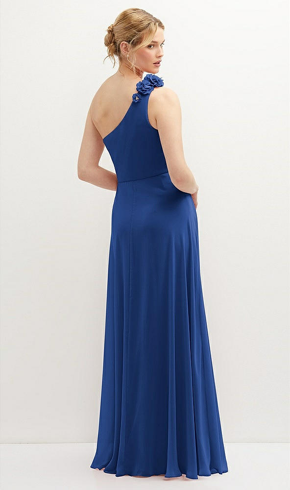 Back View - Classic Blue Handworked Flower Trimmed One-Shoulder Chiffon Maxi Dress