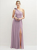 Front View Thumbnail - Suede Rose Handworked Flower Trimmed One-Shoulder Chiffon Maxi Dress