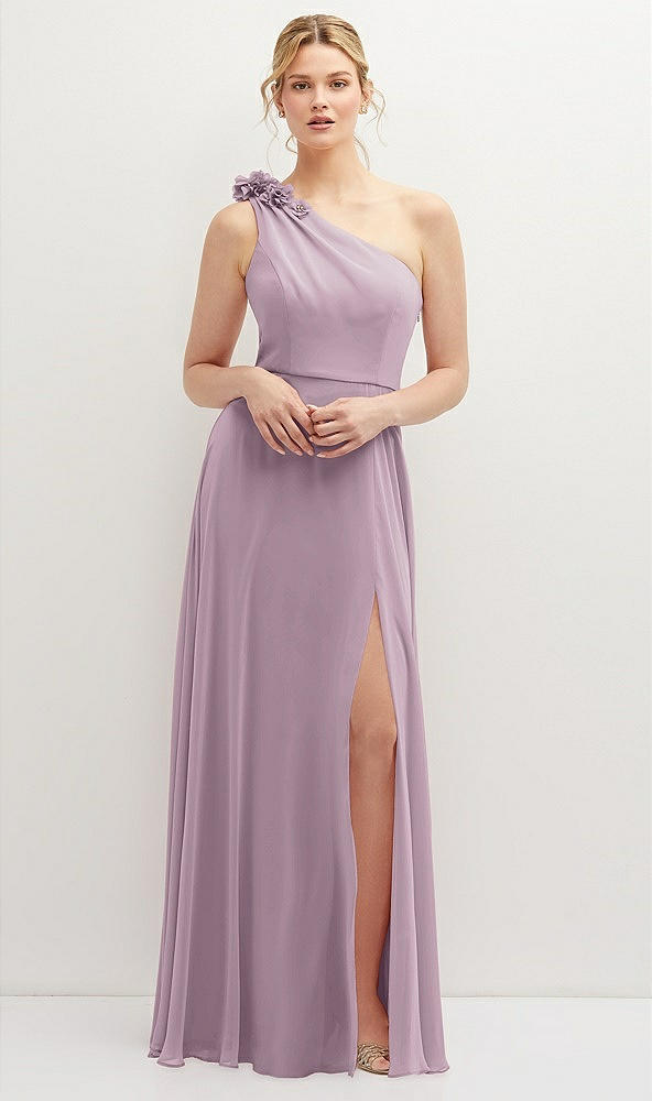 Front View - Suede Rose Handworked Flower Trimmed One-Shoulder Chiffon Maxi Dress