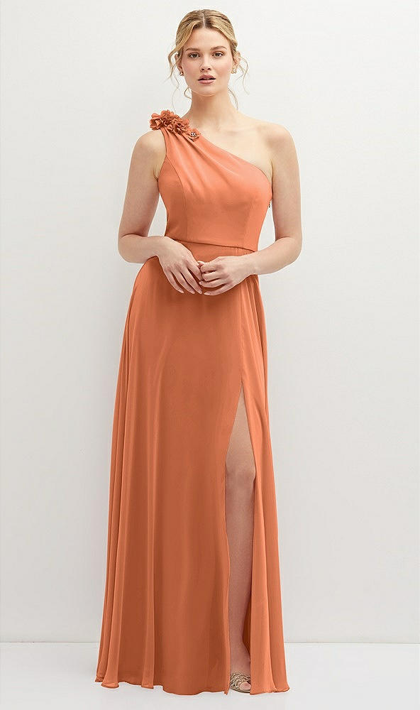 Front View - Sweet Melon Handworked Flower Trimmed One-Shoulder Chiffon Maxi Dress