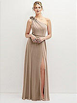 Front View Thumbnail - Topaz Handworked Flower Trimmed One-Shoulder Chiffon Maxi Dress