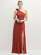 Front View Thumbnail - Amber Sunset Handworked Flower Trimmed One-Shoulder Chiffon Maxi Dress
