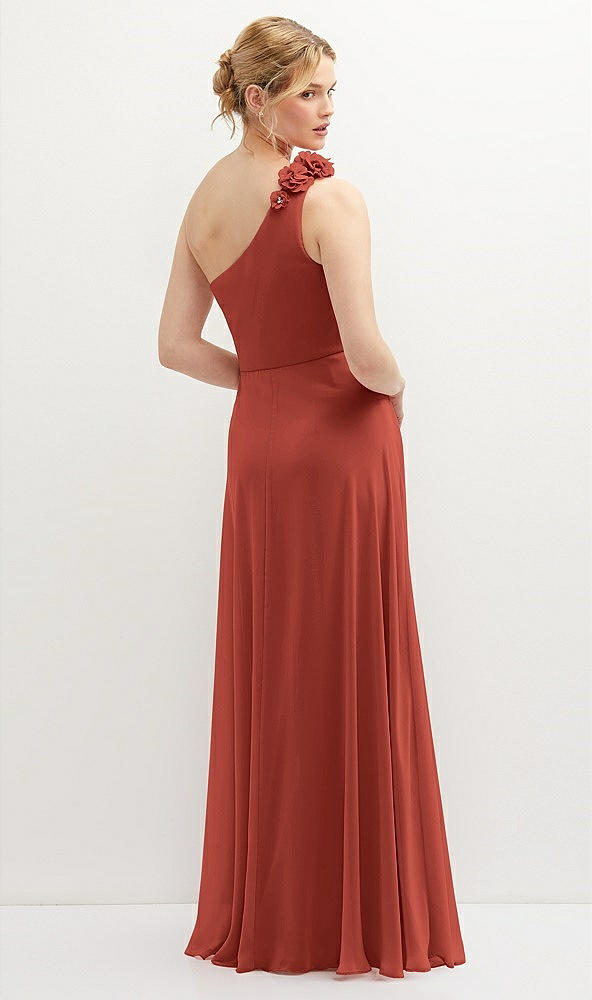 Back View - Amber Sunset Handworked Flower Trimmed One-Shoulder Chiffon Maxi Dress